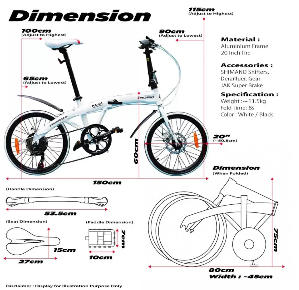 Hachiko HA 01 Aluminium Foldable Bicycle 20 Inch 406mm Wheel Japan Brand Official Singapore Distributor